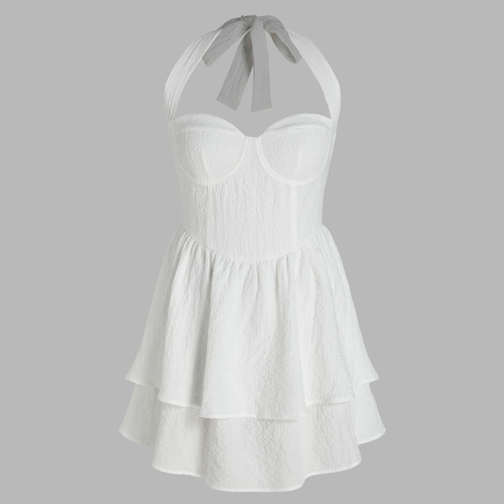 Cider knotted halter mini ruffle dress in white NWT